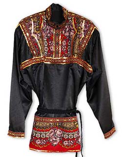 The shirt is made from silk . Its also decorated with Pavlovo Posad 